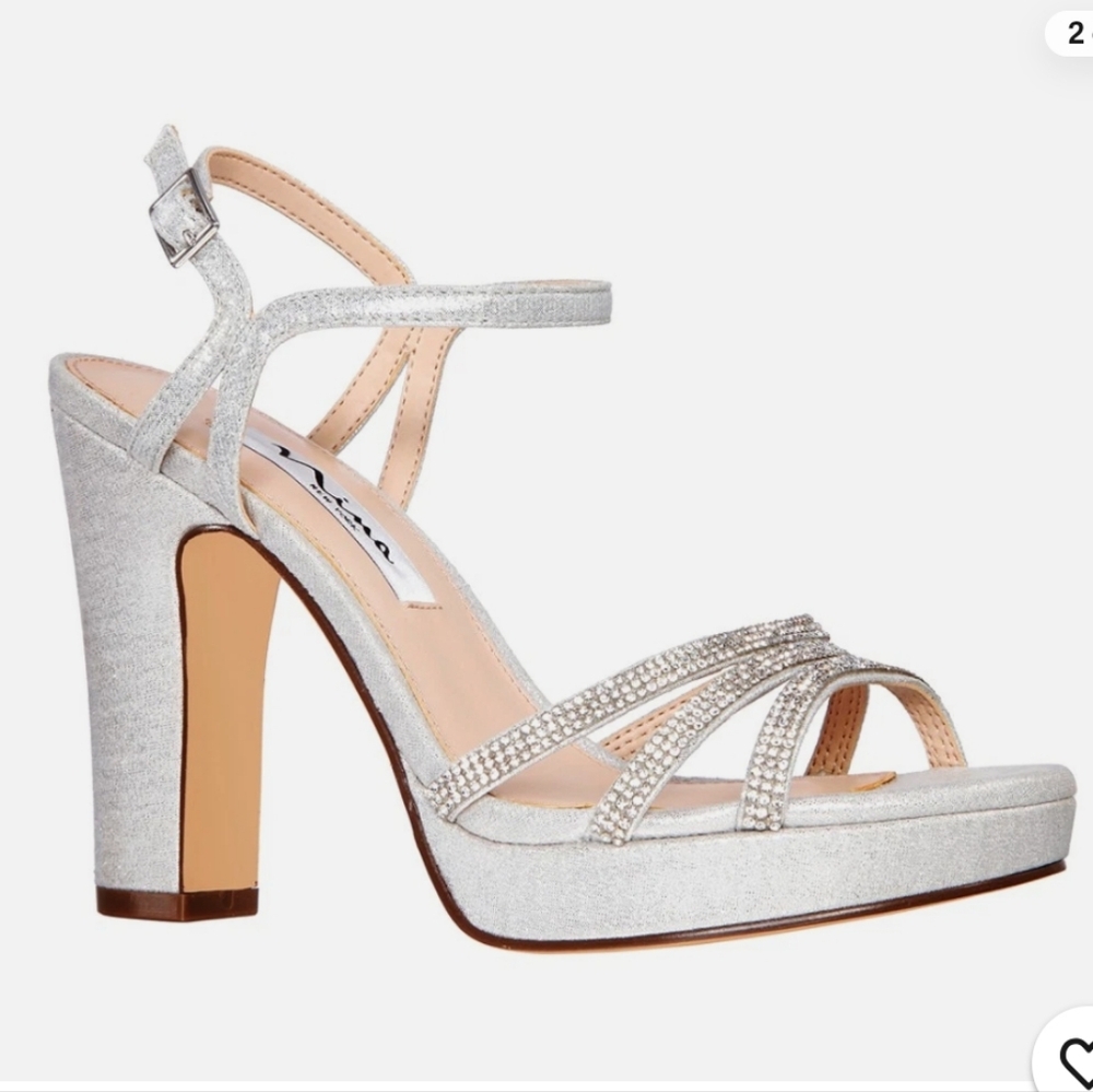 Nina Saralyn Platform Block Heel Silver & Rhinestone Evening Sandal New Size 11